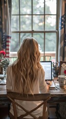 Patriotic Planning: Woman Organizing Memorial Day Tributes at a Flag-Adorned Workstation