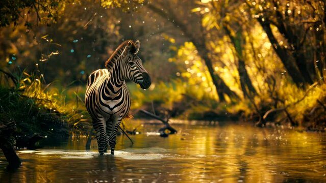 Nature's Crossing: Zebras Navigating the River's Path in the Wild. Seamless looping time-lapse virtual 4k video animation background