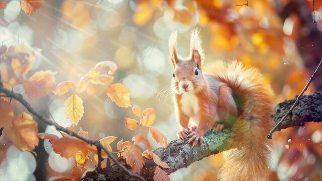 cute portrait with beautiful fluffy red squirrel sit on the tree. seamless looping overlay 4k virtual video animation background