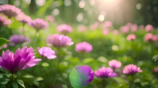 pink daisy flowers, in a magical green forest, nature in smooth cinematic motion view