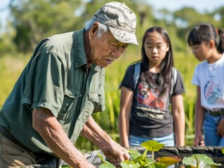 Senior Asian Man Conducting Wetland Conservation Workshop with Young Adults