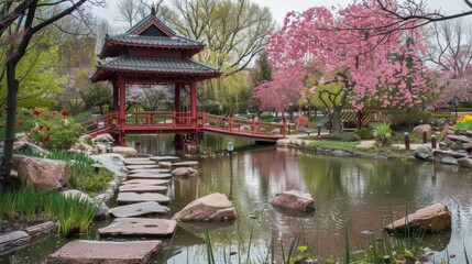 Tranquil Japanese Garden Fused with Urban American Landscape for Asian American and Pacific Islander Heritage Month - obrazy, fototapety, plakaty