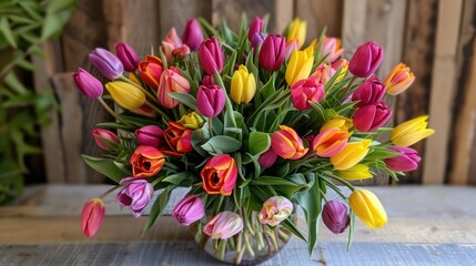 A stunning and vibrant tulip bouquet bursting with an array of colors perfect for celebrating Mother s Day anniversaries graduations sending get well wishes or brightening up a birthday cel