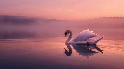 Graceful Swan Gliding on Serene Lake at Dusk