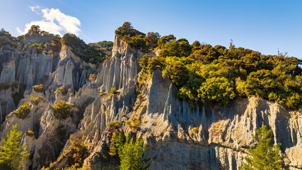 The towering pillars of rock known as the Putangarua Pinnacles in the Wairarapa created as a result of erosion