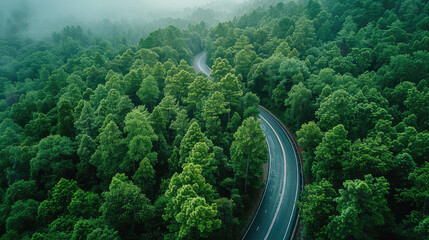 Aerial view of dense green trees in forest capture CO2 and curve highway road
