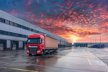 Truck parked in front an industrial logistics building during sunset