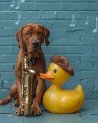 Whimsical Jazz-Themed Portrait with Elegant Rhodesian Ridgeback and Duck Companion