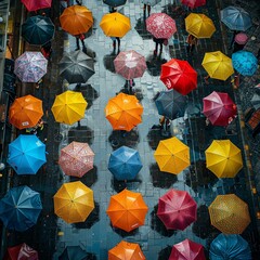 Fototapeta premium Design a striking image from a birdseye view, showcasing a vibrant city street filled with colorful umbrellas, capturing the essence of a rainy day, Frontal view , mid body shot