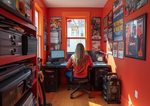 Female Marketing Professional Creating International Firefighters' Day Campaign in Themed Office
