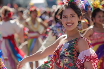 Fototapeta premium Celebratory Filipino American Street Parade Showcases Traditional Barong Tagalog and Maria Clara Attire