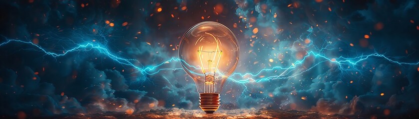 A whimsical illustration of a light bulb as a hot air balloon, lifted by storms of sparkling blue electricity , hyper realistic - obrazy, fototapety, plakaty