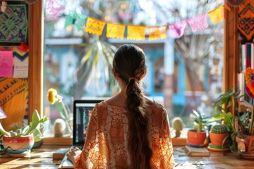 Young Woman Planning Cinco de Mayo Marketing Campaign at Festively Decorated Desk