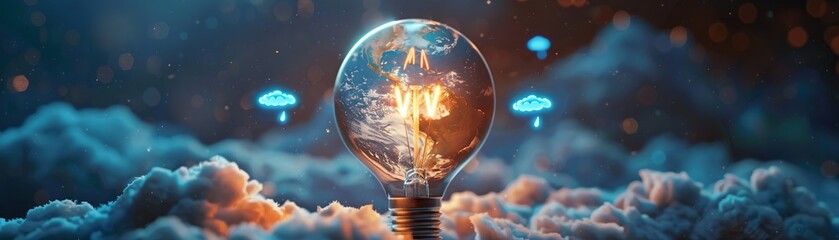 An animated scene where a light bulb serves as a planet with miniature blue thunder clouds circling it , close up