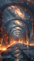 Celestial dominoes setting off cosmic vibrations in a surreal, abstract digital landscape , 3DCG - obrazy, fototapety, plakaty