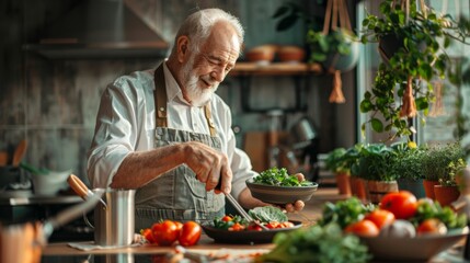 Senior White Man Using Arthritis-Friendly Tools to Prepare a Meal in a Modern, Accessible Kitchen for Arthritis Awareness