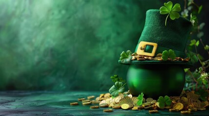 A green leprechaun hat sits on a green cauldron filled with gold coins - obrazy, fototapety, plakaty