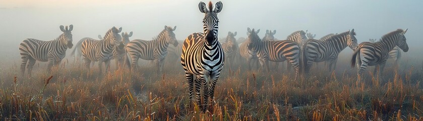 Naklejka premium Striking zebra herd in misty morning, black and white stripes contrast with dewy grass, soft focus , hyper realistic