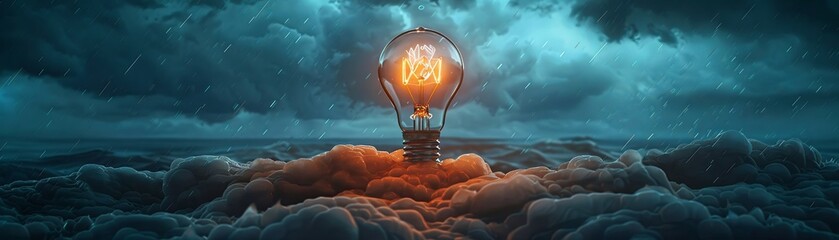 Unique perspective of a glowing light bulb under a storm, illustrated by a skilled artist to...