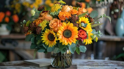 A stunning bouquet featuring vibrant orange roses and bright yellow sunflowers
