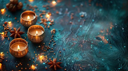 Three burning candles are placed on a dark blue background with golden stars and anise stars