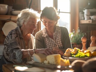 Senior Woman and Adult Daughter Savor Eco-Friendly Cheese Meal in Sunlit Kitchen During American Cheese Month