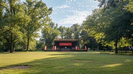 Open Space at Local Park Prepared for ALS Charity Event with Stage and Banners