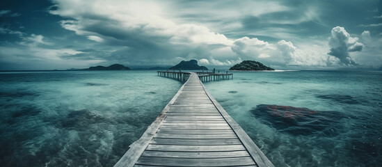 tropical summer travel and vacation. wooden pier to an island - obrazy, fototapety, plakaty