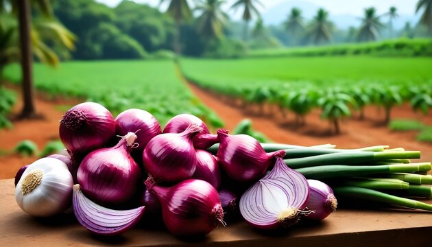 Red-onion--shallots-and-garlic-organic-farm-fresh-ingredients-for-Indian-curry-in-kitchen-Kerala--India-with-beautiful-background