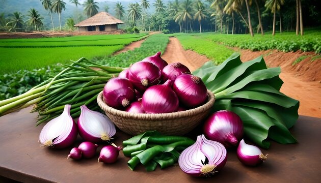 Red-onion--shallots-and-garlic-organic-farm-fresh-ingredients-for-Indian-curry-in-kitchen-Kerala--India-with-beautiful-background