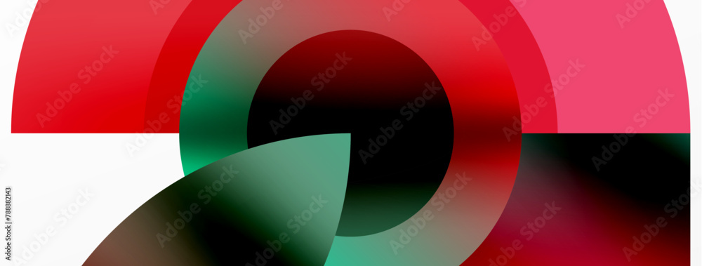 Poster Vibrant color scheme with a red, green, and black circle on a white background. The closeup shot showcases the colorfulness and material property of the circles, creating an eyecatching pattern