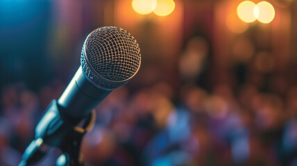 Close-up of microphone on stage with bokeh lighting in background. Event photography with copy space. Performance and entertainment concept. Design for poster, announcement, advertisement.