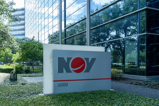 Houston, Texas, USA - April 13, 2024: NOV logo sign on the building at its headquarters in Houston, Texas, USA. NOV Inc. formerly National Oilwell Varco, is an American multinational corporation. 