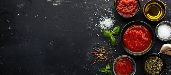 Pizza sauce ingredients or recipe displayed on a black background. Overhead view of tomato puree, olive oil, garlic, oregano, salt, and pepper - preparing food. Background offers space for text.