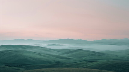 Fototapeta premium Expansive pastel dawn over gentle rolling hills in a surreal fantasy landscape panoramic view