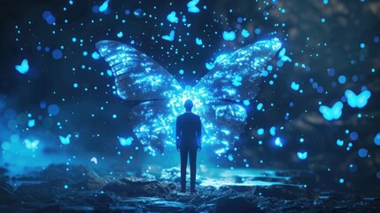 Blue Digital Butterfly effect on the businessman with glowing particles light. Global business economy and digital transformation concept AI generated - obrazy, fototapety, plakaty
