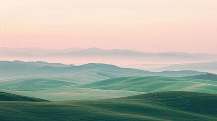 Expansive pastel dawn over gentle rolling hills in a surreal fantasy landscape panoramic view