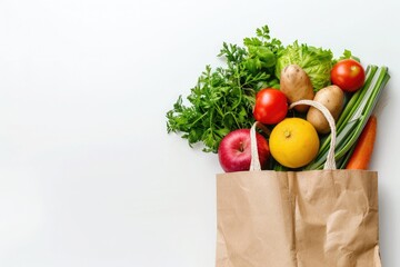 Paper bag full of fresh organic vegetables on white background. Healthy food shopping concept