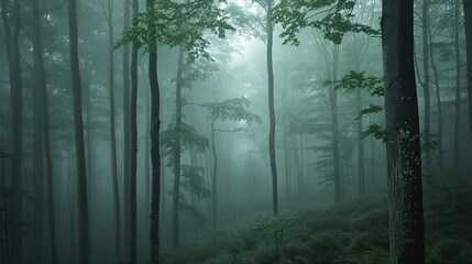 A dense forest shrouded in fog evokes an ethereal and mysterious atmosphere. Fantasy landscape. Generative AI