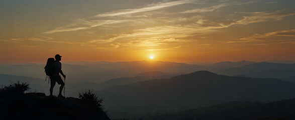 New Beginnings: Joyful Backpacker Silhouette Against Mountain Sunrise Horizon