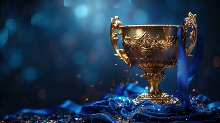 The cup with a shiny golden surface decorated with blue ribbons symbolizes victory and excellence. Generative AI