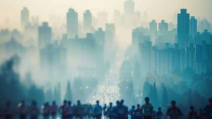The hazy backdrop of a sprawling cityscape behind the hustle and bustle of a charity run serves as a reminder of the widereaching impact of fundraising efforts. .