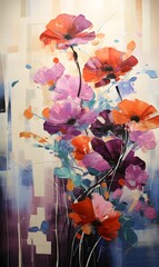 Oil painting, such as abstract bouquets and flower-patterned cloths. Work concept (good to print and use as a mural)
