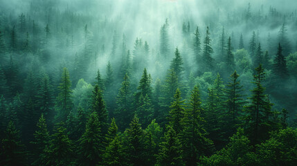 Dense dark green trees forest with rays of sunlight

