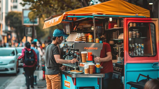 A colorful coffee cart is parked on a street corner with a barista.