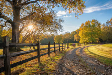 Naklejka premium Rustic Autumn Farm Scene with Winding Dirt Road