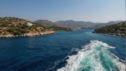 Fototapeta premium Coastal view of Kas with boats and lush hills