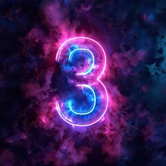 3D design of the number "3" the best digital symbol, glowing in the dark, pink blue neon light. Abstract cosmic vibrant color digit neon glow. Glowing neon lighting on dark background