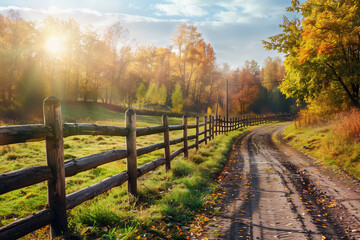 Obraz premium Rustic Autumn Farm Scene with Winding Dirt Road