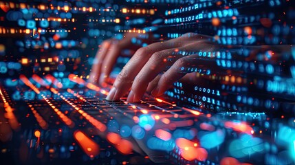 Programmer's fingers on a glowing keyboard and translucent binary code. The concept of virtual reality.